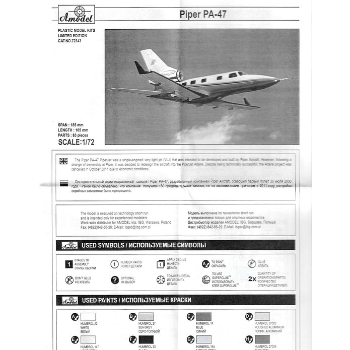 Piper Pa-47 Scale 1:72 Amodel AMO72343 Plastic Airplane Model Kit