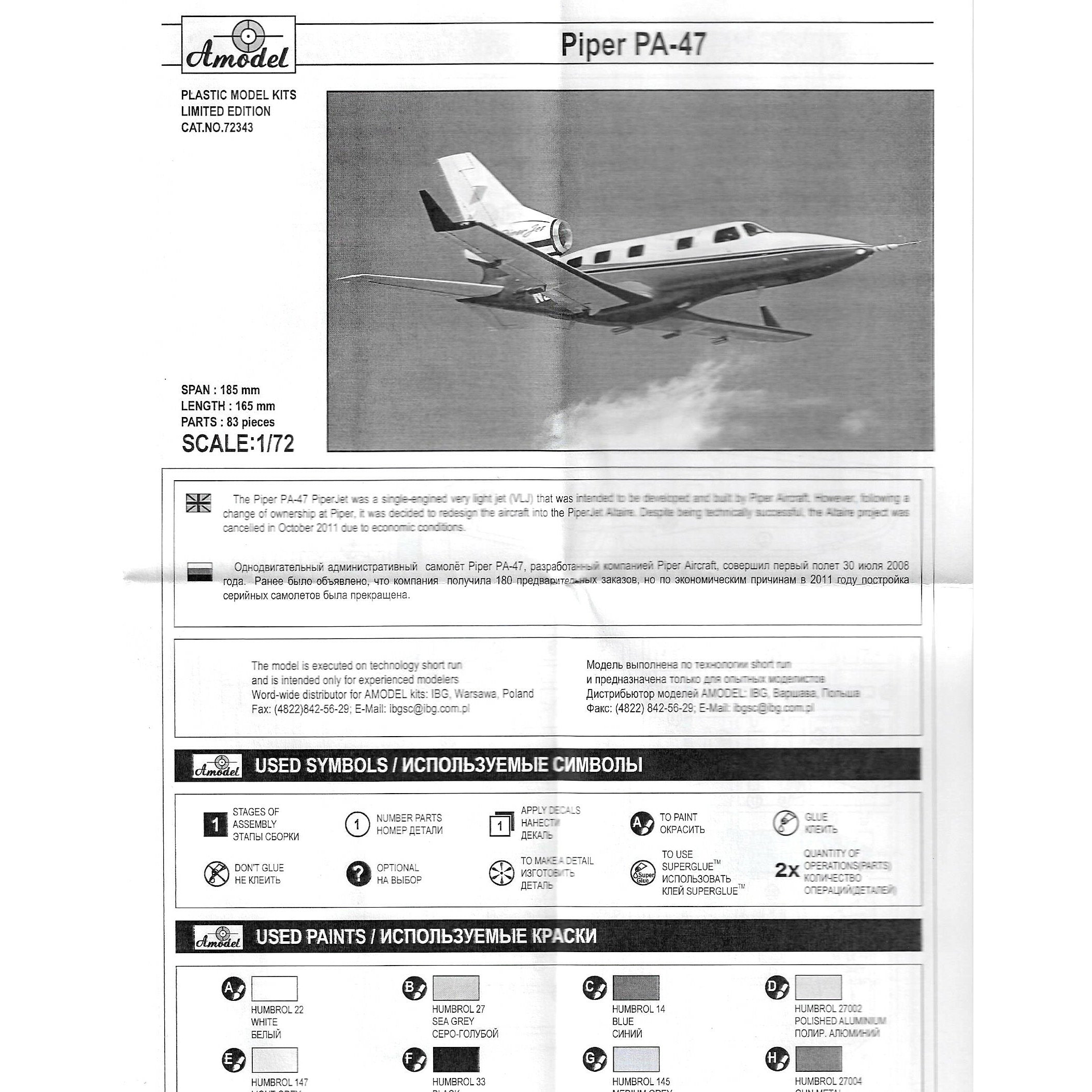 Piper Pa-47 Scale 1:72 Amodel AMO72343 Plastic Airplane Model Kit