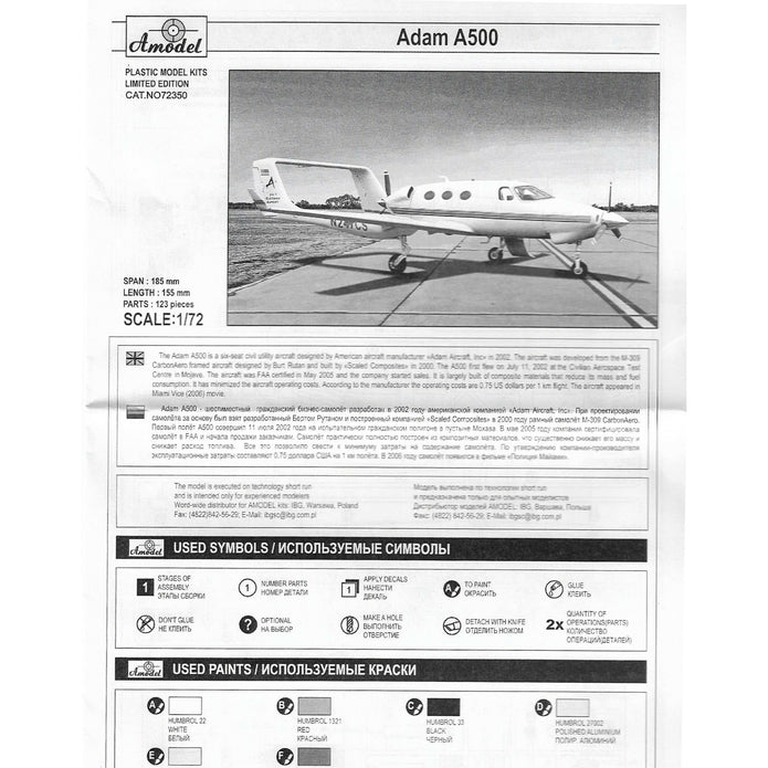Business aircraft Adam A500 Scale 1:72 Amodel AMO72350 Plastic Airplane Model Kit