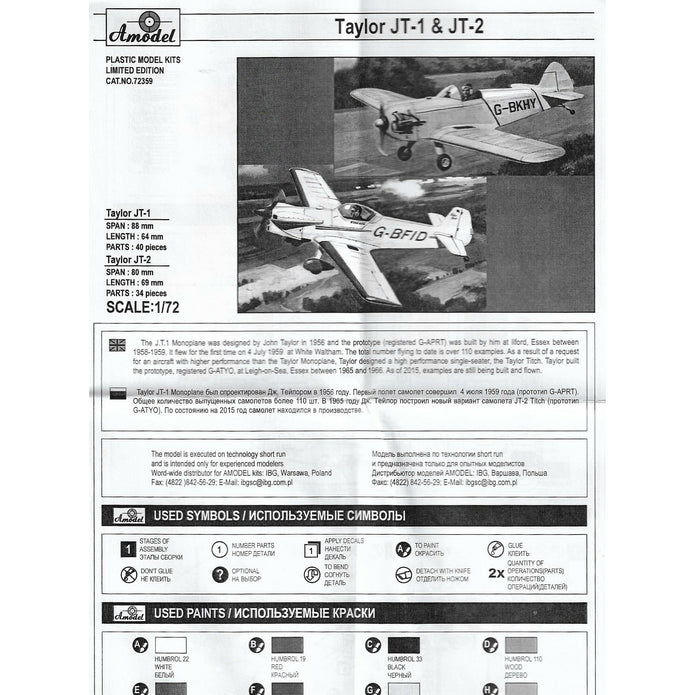 Taylor JT-1 monoplane & Taylor JT-2 titch Scale 1:72 Amodel AMO72359 Plastic Airplane Model Kit