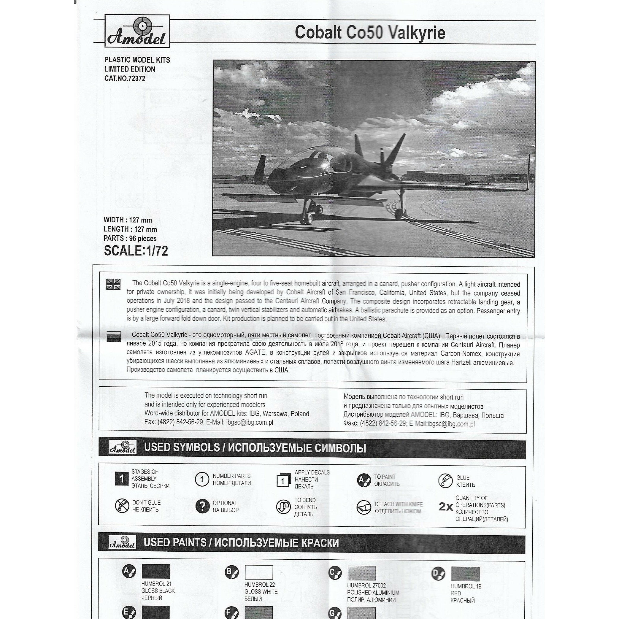 experimental aircraft Cobalt Co50 Valkyrie Scale 1:72 Amodel AMO72372 Plastic Airplane Model Kit