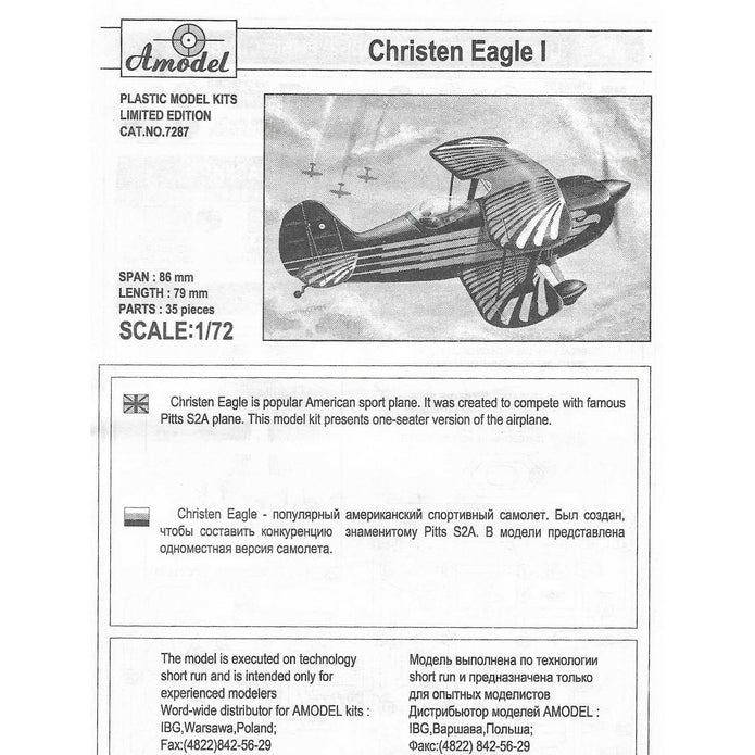 Christen Eagle I Scale 1:72 Amodel AMO7287 Plastic Airplane Model Kit