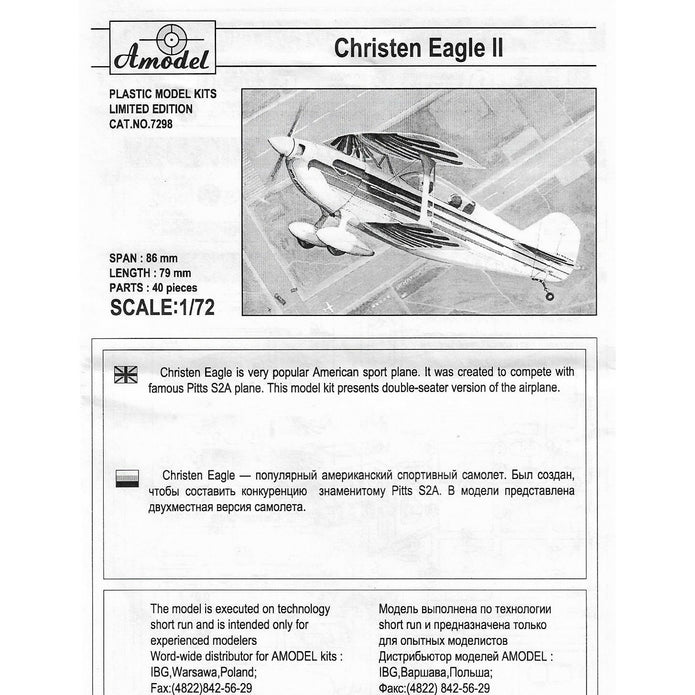 Christen Eagle II Scale 1:72 Amodel AMO7298 Plastic Airplane Model Kit