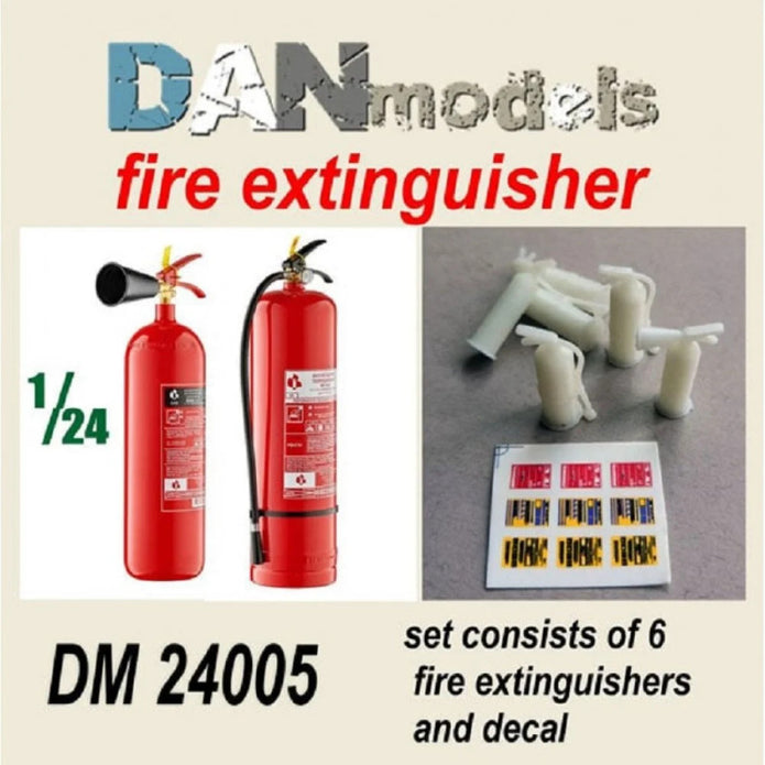 Set of fire extinguishers in assortment. 6 pcs. resin + decal Scale 1:24 DAN Models DM 24005