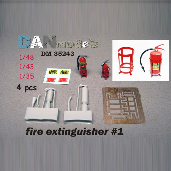 Fire extinguishers on a stand. No. 1 Resin. etching, decal. 4 pcs in a set Scale 1/35, 1/48  DAN Models DM 35243