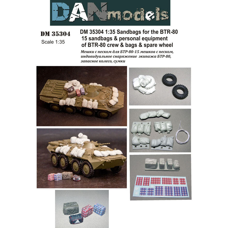 Sandbags for the BTR-80 - 15 bags, personal belongings of the BTR-80 crew at the stern, bags (resin) + decal. spare wheel-rubber Scale 1:35 DAN Models DM 35304