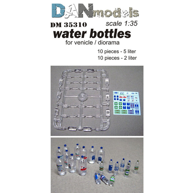 A set of PET bottles for dioramas. 20 pcs + decal. bottles 10pcs -5 l. 10 pcs -2l. transparent plastic Scale 1:35 DAN Models DM 35310