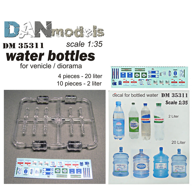 Set of PET bottles for dioramas .14 pcs + decal. bottles 4pcs -20l and 10pcs -2l. transparent plastic Scale 1:35 DAN Models DM 35311