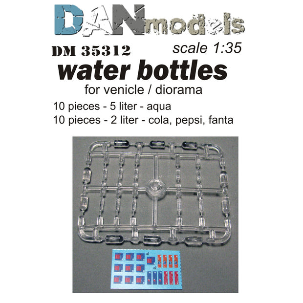 A set of PET bottles for dioramas. 20 pcs + decal Pepsi, Cola, Fanta. bottles 10pcs-5 l. 10 pcs-2l. transparent plastic Scale 1:35 DAN Models DM 35312