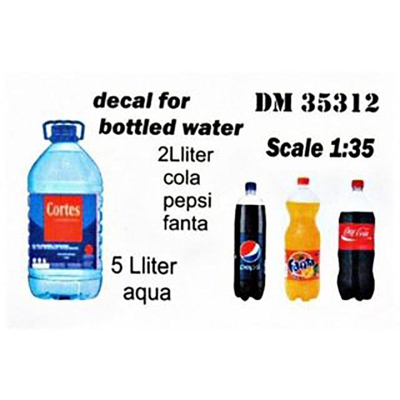 A set of PET bottles for dioramas. 20 pcs + decal Pepsi, Cola, Fanta. bottles 10pcs-5 l. 10 pcs-2l. transparent plastic Scale 1:35 DAN Models DM 35312