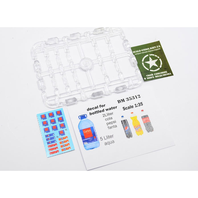 A set of PET bottles for dioramas. 20 pcs + decal Pepsi, Cola, Fanta. bottles 10pcs-5 l. 10 pcs-2l. transparent plastic Scale 1:35 DAN Models DM 35312
