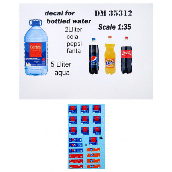 A set of PET bottles for dioramas. 20 pcs + decal Pepsi, Cola, Fanta. bottles 10pcs-5 l. 10 pcs-2l. transparent plastic Scale 1:35 DAN Models DM 35312