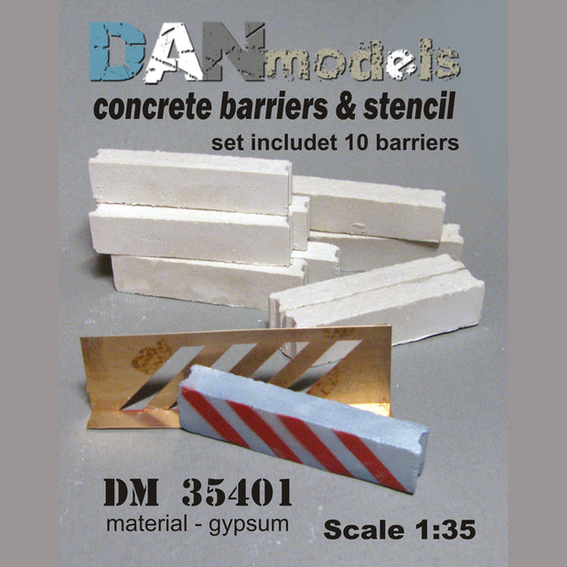 Concrete barriers.set for roadblock. Material - gypsum. The set contains 10 pieces of unpainted concrete barriers. + stencil. (weight180 grams) Scale 1:35 DAN Models DM 35401