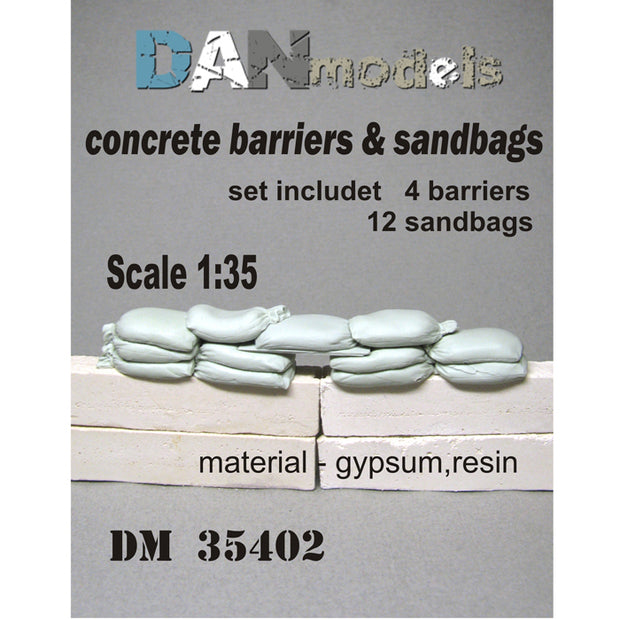 Concrete barriers and bags. checkpoint set The set contains 4 pieces of unpainted concrete barriers. + 12 bags (weight 180 grams) Scale 1:35 DAN Models DM 35402
