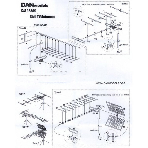 TV antennas. Set of 3 antennas Scale 1:35 DAN Models DM 35555
