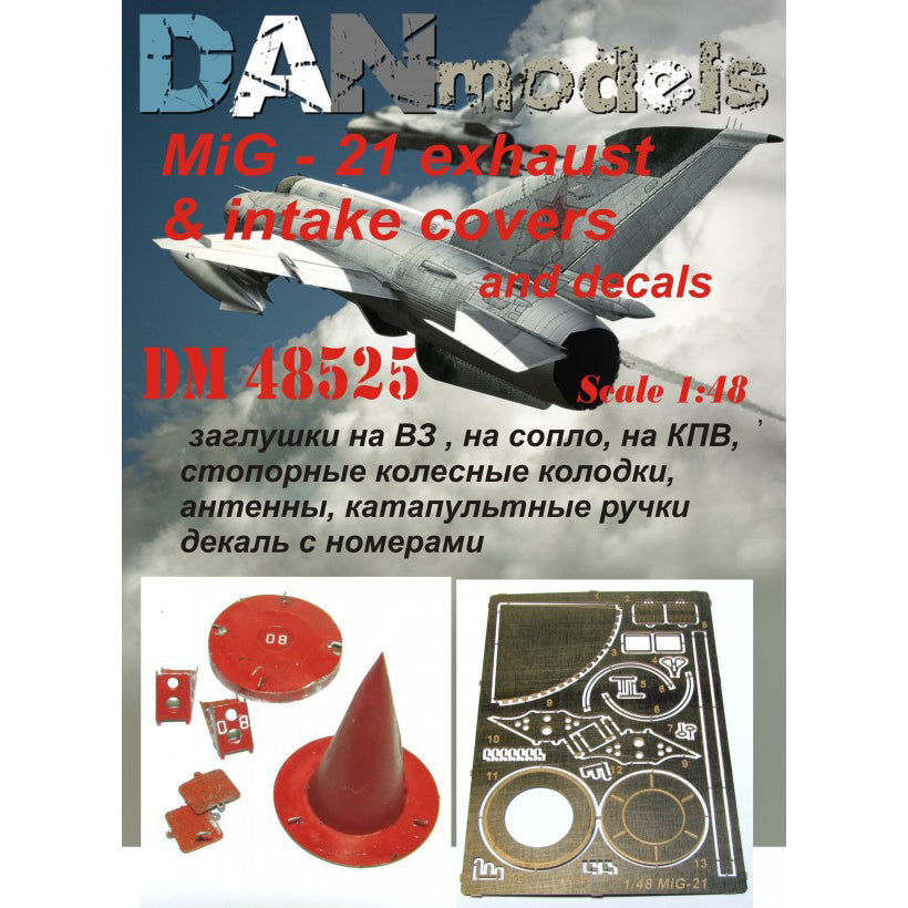 MiG-21: caps for air intake, for nozzle, for CPV, wheel chocks, antennas, ejection handles + numbered decal (for ACADEMY) Scale 1:48 DAN Models DM 48525