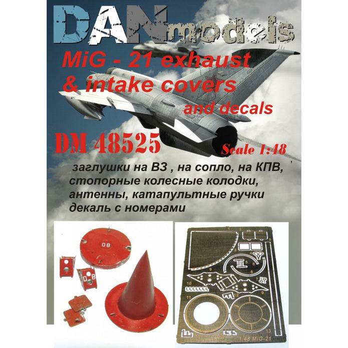 MiG-21: caps for air intake, for nozzle, for CPV, wheel chocks, antennas, ejection handles + numbered decal (for ACADEMY) Scale 1:48 DAN Models DM 48525