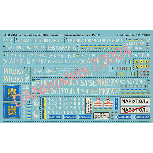 ATO 2014-15: inscriptions on Ukrainian vehicles. Part 2 signs of settlements in the ATO zone. signs at the block post Scale 1:72 DAN Models DM 72004