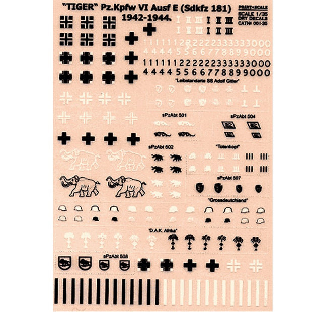 Print Scale 001-35 Decal TIGER Pz.Kpfw VI Ausf E (Sdkfz 181) 1942-1944 Part 1 Scale 1:35