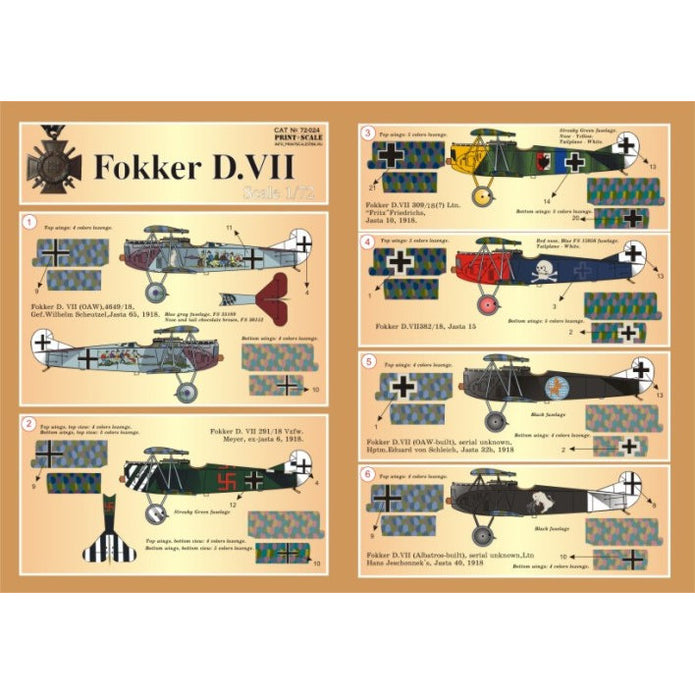 Print Scale 72-024 Decal Fokker D VII Part 1 The complete set 4 leaf Scale 1:72 for Aircraft Plastic model kit