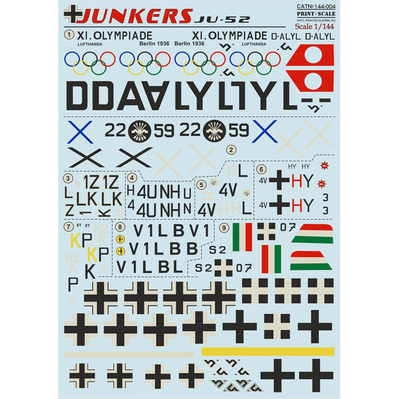 Print Scale 144-004 Decal Junkers JU-52 Scale 1:144 for Aircraft Plastic model kit