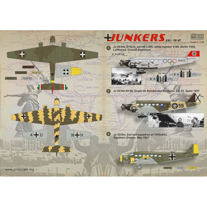 Print Scale 144-004 Decal Junkers JU-52 Scale 1:144 for Aircraft Plastic model kit