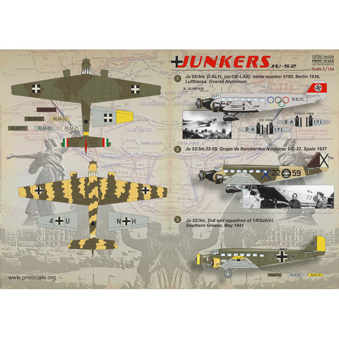 Print Scale 144-004 Decal Junkers JU-52 Scale 1:144 for Aircraft Plastic model kit