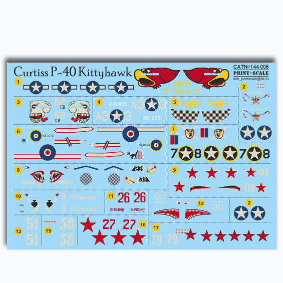 Print Scale 144-006 Decal Curtiss P40 Kittyhawks Scale 1:144 for Aircraft Plastic model kit