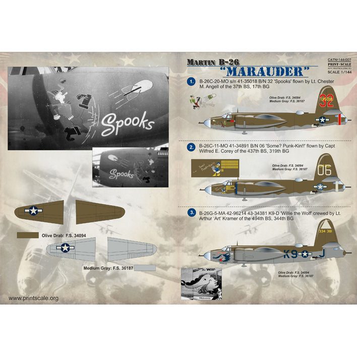 Print Scale 144-007 Decal Martin B-26 Marauder Part 1 Scale 1:144 for Aircraft Plastic model kit