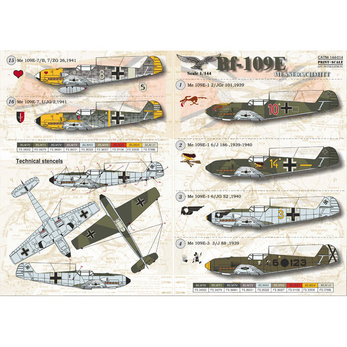 Print Scale 144-014 Decal Messershmit Me-Bf-109 E Scale 1:144 for Aircraft Plastic model kit