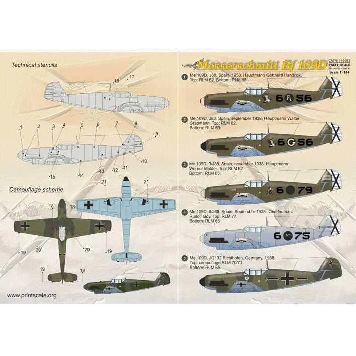 Print Scale 144-015 Decal Messerschmitt Bf-109 D Scale 1:144 for Aircraft Plastic model kit