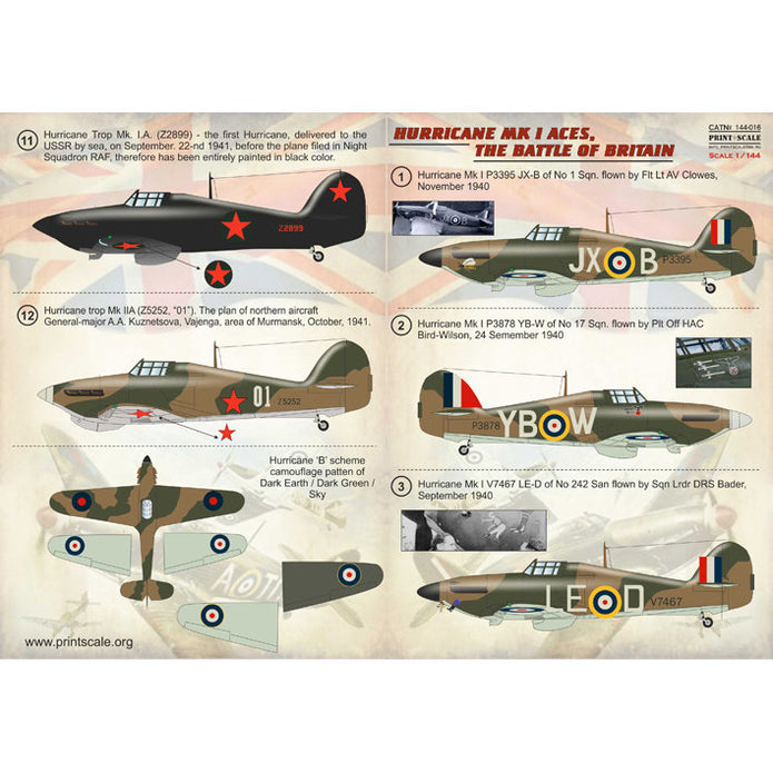 Print Scale 144-016 Decal 1:144 Hawker Hurricane MK I Aces. The battle of Britain