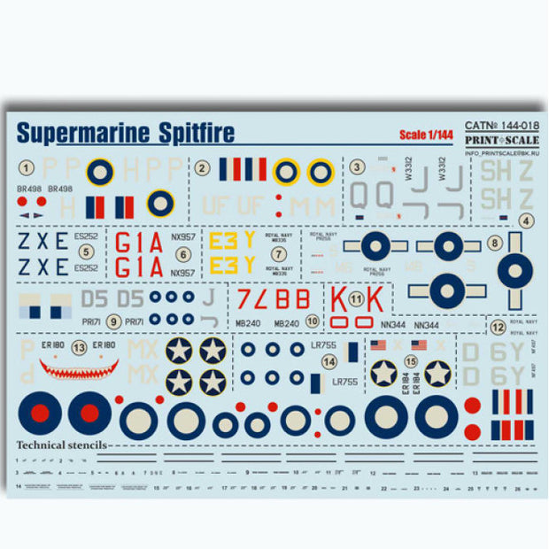 Print Scale 144-018 Decal Supermarine Spitfire Scale 1:144 for Aircraft Plastic model kit