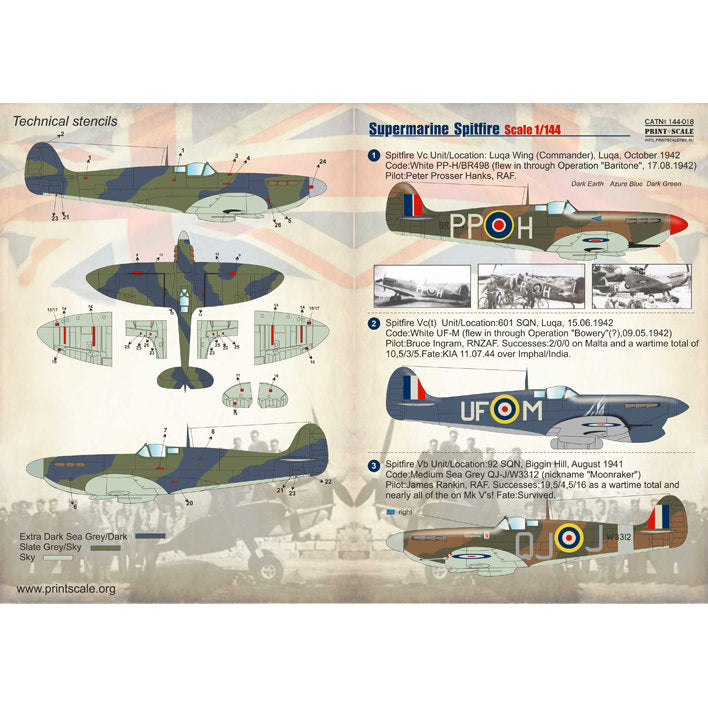 Print Scale 144-018 Decal Supermarine Spitfire Scale 1:144 for Aircraft Plastic model kit