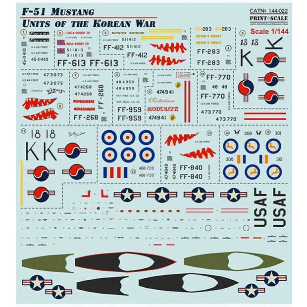 Print Scale 144-022 Decal F-51 Mustang. Units of the Korean Scale 1:144 for Aircraft Plastic model kit