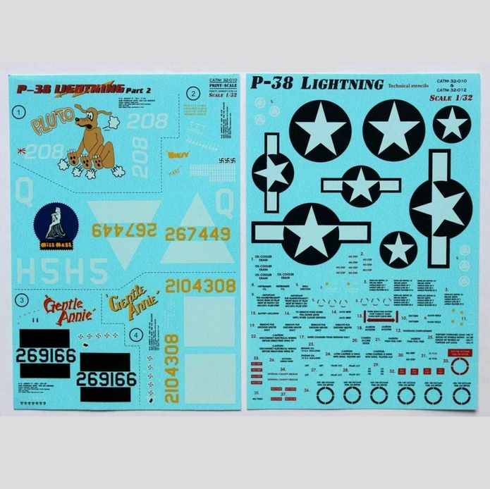Print Scale 32-010 Decal 1:32 P-38 Lightning Part 2 The complete set 2 leaf (+Technical stencils)