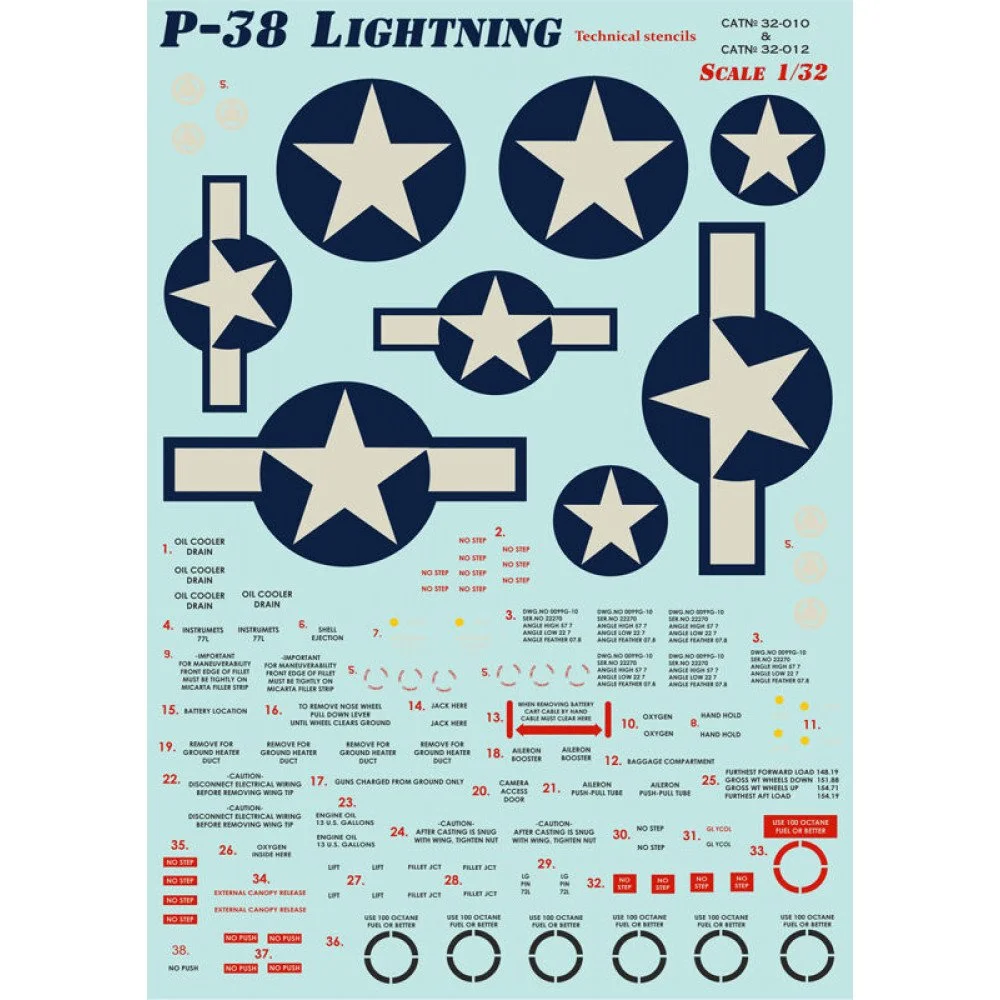 P-38 Lightning Part 2 Waterslide Decals with Stencils Scale 1/32 ...