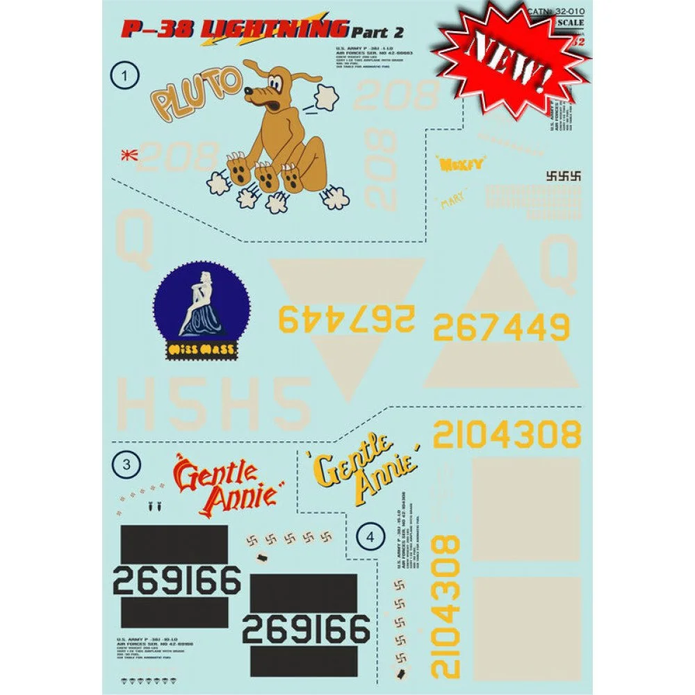 Print Scale 32-010 Decal 1:32 P-38 Lightning Part 2 The complete set 2 leaf (+Technical stencils)