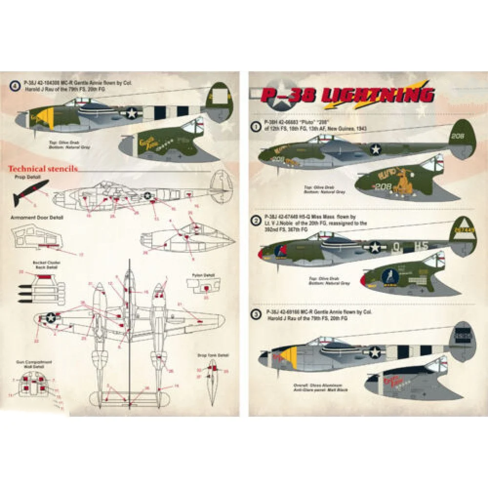Print Scale 32-010 Decal 1:32 P-38 Lightning Part 2 The complete set 2 leaf (+Technical stencils)