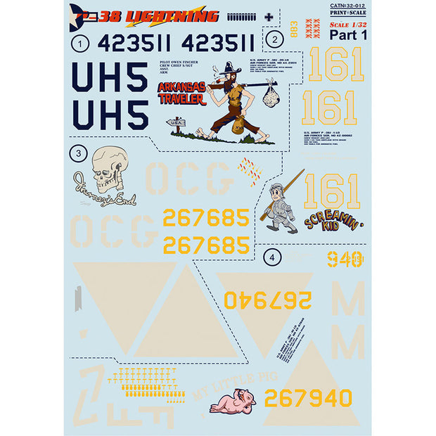 Print Scale 32-012 Decal 1:32 P-38 Lightning Part 1 The complete set 2 leaf (+Technical stencils)