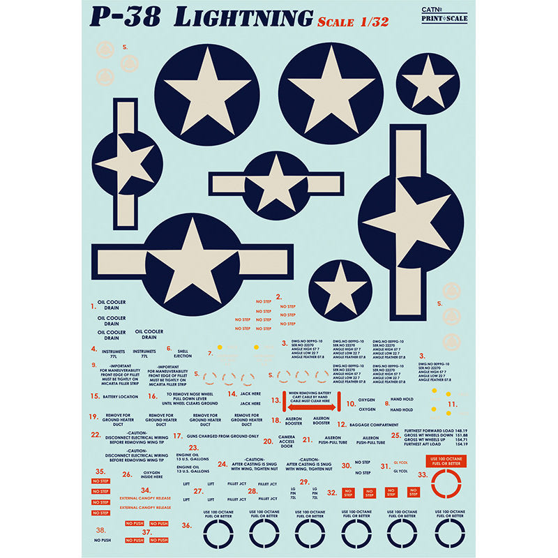 Print Scale 32-012 Decal 1:32 P-38 Lightning Part 1 The complete set 2 leaf (+Technical stencils)