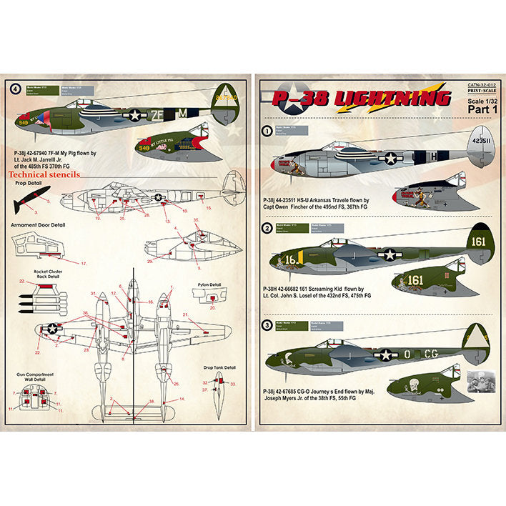 Print Scale 32-012 Decal 1:32 P-38 Lightning Part 1 The complete set 2 leaf (+Technical stencils)