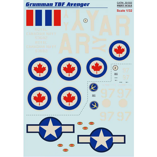 Print Scale 32-022 Decal Grumman TBF Avenger The complete set 2 leaf Scale 1:32 for Aircraft Plastic model kit