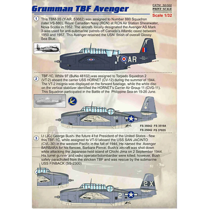 Print Scale 32-022 Decal Grumman TBF Avenger The complete set 2 leaf Scale 1:32 for Aircraft Plastic model kit