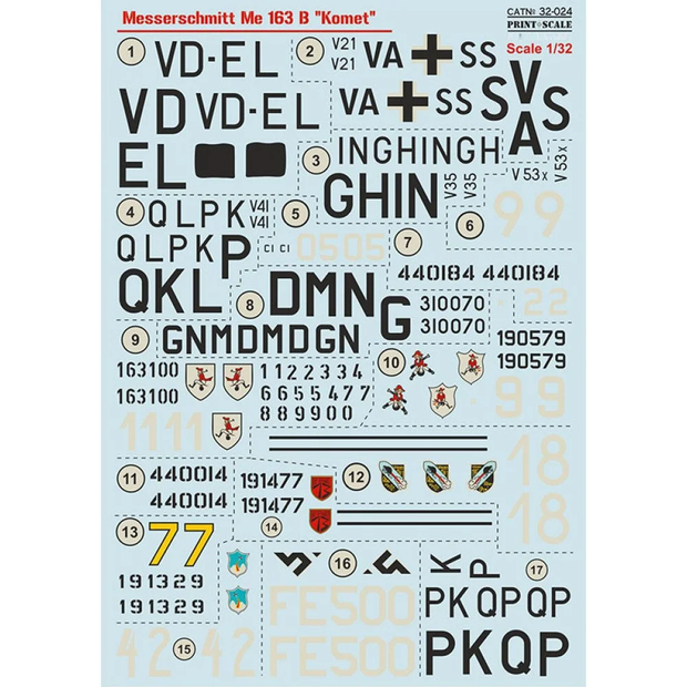Print Scale 32-024 Decal Messershmit Me-163 B. The complete set 2 leaf Scale 1:32 for Aircraft Plastic model kit