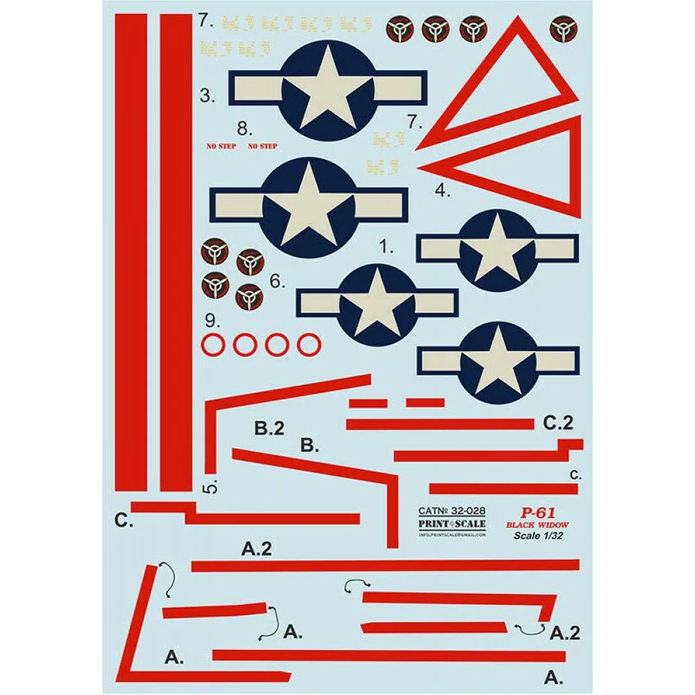Print Scale 32-028 Decal P-62 Black Widow. The complete set 2 leaf Scale 1:32 for Aircraft Plastic model kit
