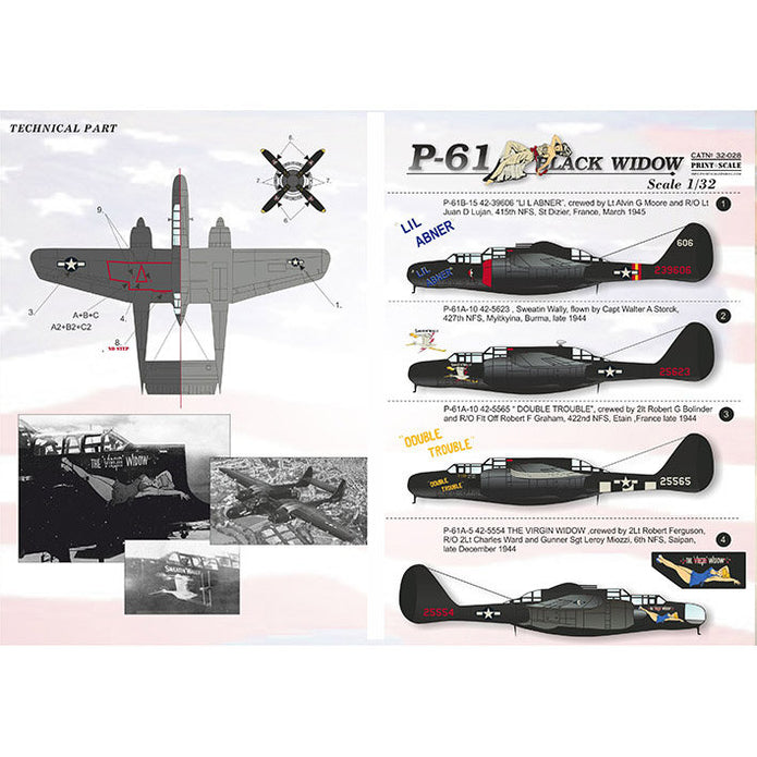 Print Scale 32-028 Decal P-62 Black Widow. The complete set 2 leaf Scale 1:32 for Aircraft Plastic model kit