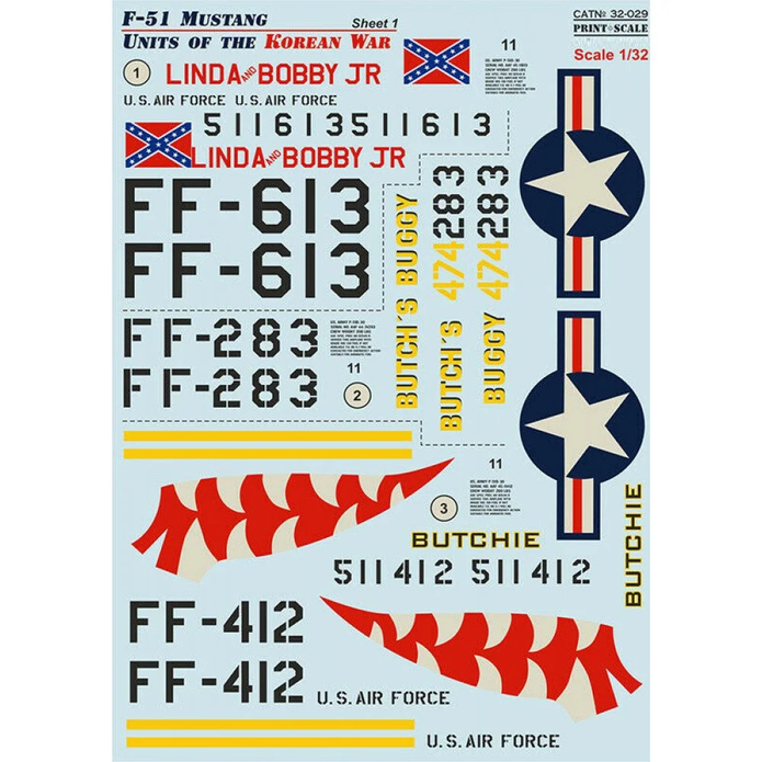 Print Scale 32-029 Decal 1:32 F-51 Mustang. Units of the Korean War. The complete set 2 leaf