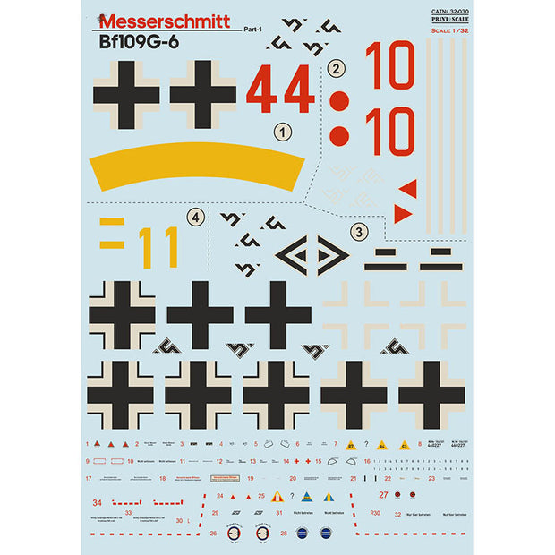 Print Scale 32-030 Decal Messerschmitt Bf-109 G-6 Part 1  Scale 1:32 for Aircraft Plastic model kit