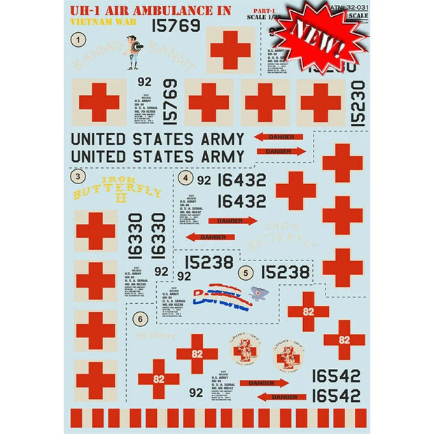 Print Scale 32-031 Decal 1:32 UH-1 Air Ambulance in Vietnam War + Technical Stencils The complete set 2 leaf